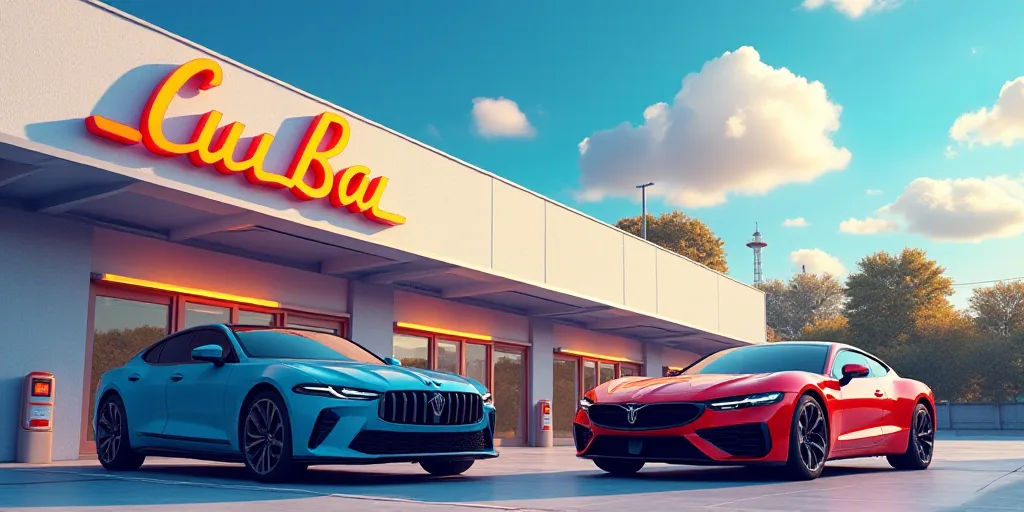 a couple of cars parked in front of a building with a sky background and a sign that says geely, Cui