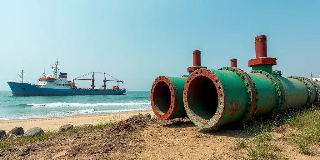 a couple of large green and red pipes on a beach near the ocean and a blue and white ship, Almada Ne