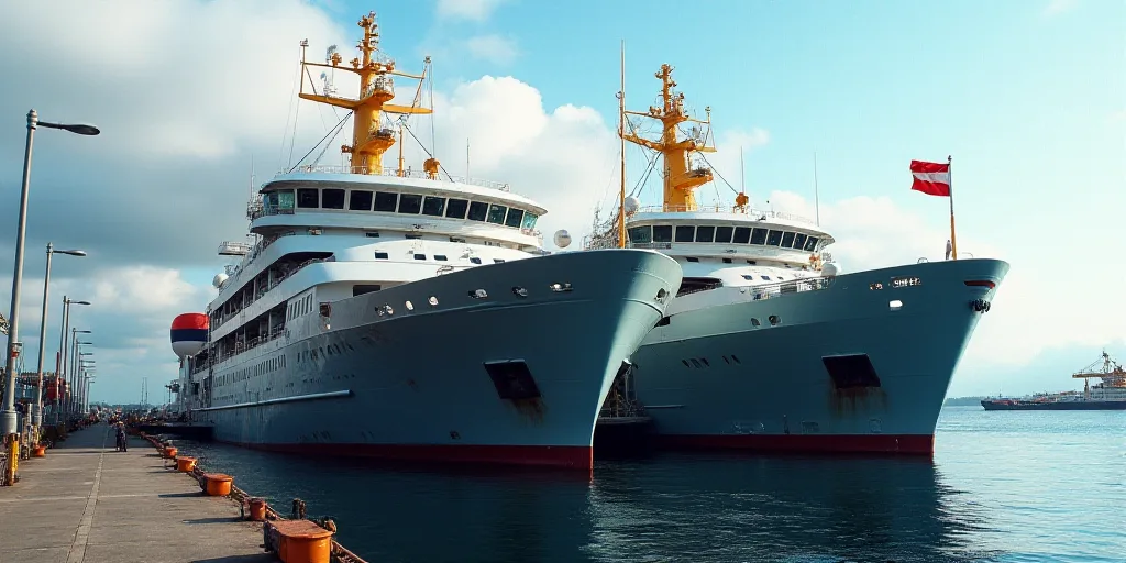 a couple of large ships docked next to each other on a pier with a flag on the side of the ship, Avg