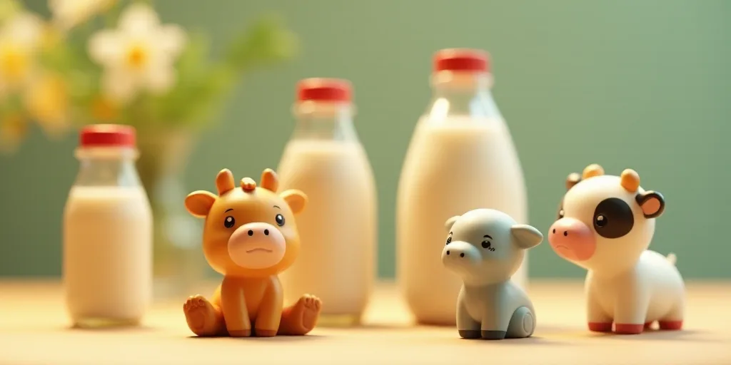 a couple of little toy animals sitting on top of a table next to milk bottles and a cow toy, Eiichir