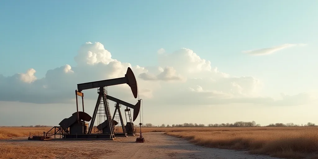 a couple of oil pumps sitting on top of a dirt field next to a sky background with a few clouds, And