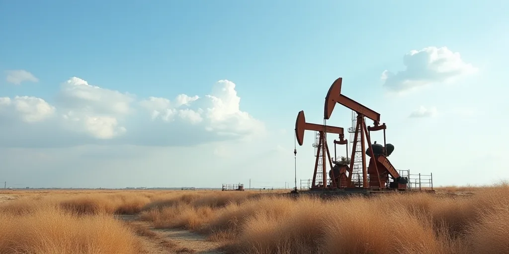a couple of oil pumps sitting on top of a dirt field next to a sky background with a few clouds, And