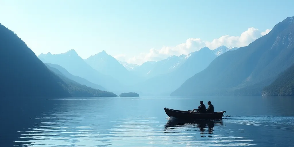 a couple of people in a small boat on a lake with mountains in the background and a blue sky, Eric D
