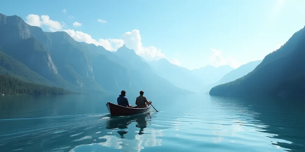 a couple of people in a small boat on a lake with mountains in the background and a blue sky, Eric D