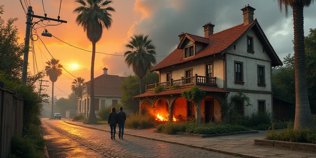a couple of people walking down a street next to a house with a palm tree in front of it, Elbridge A