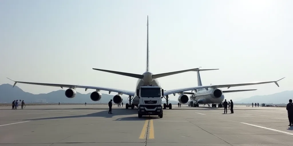 a couple of planes that are on a runway with people standing around them and a truck in front of the