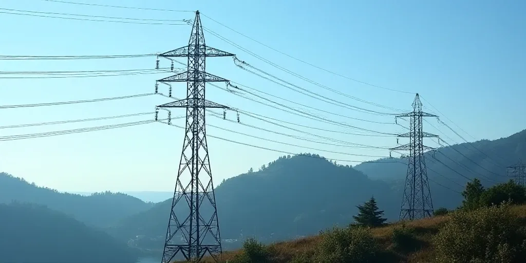 a couple of power lines sitting above a hill side with trees in the background and a blue sky in the