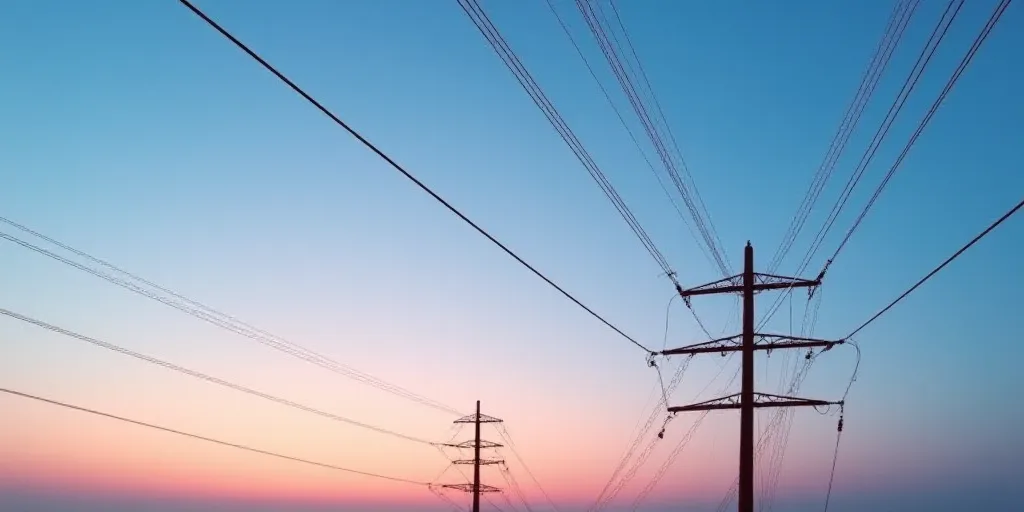 a couple of power lines that are in the sky at sunset or dawn with a sky background that is blue and