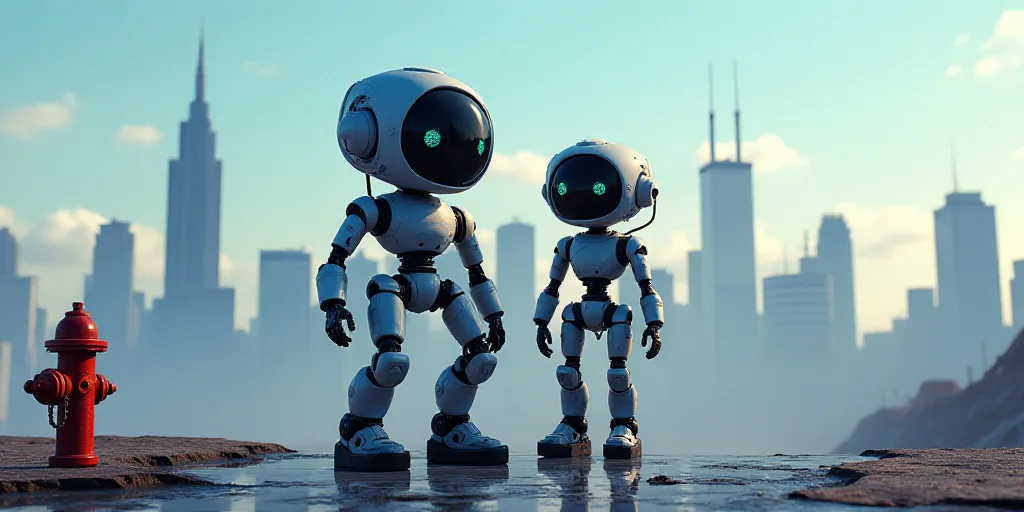a couple of robots are standing next to each other in front of a city skyline with skyscrapers and a