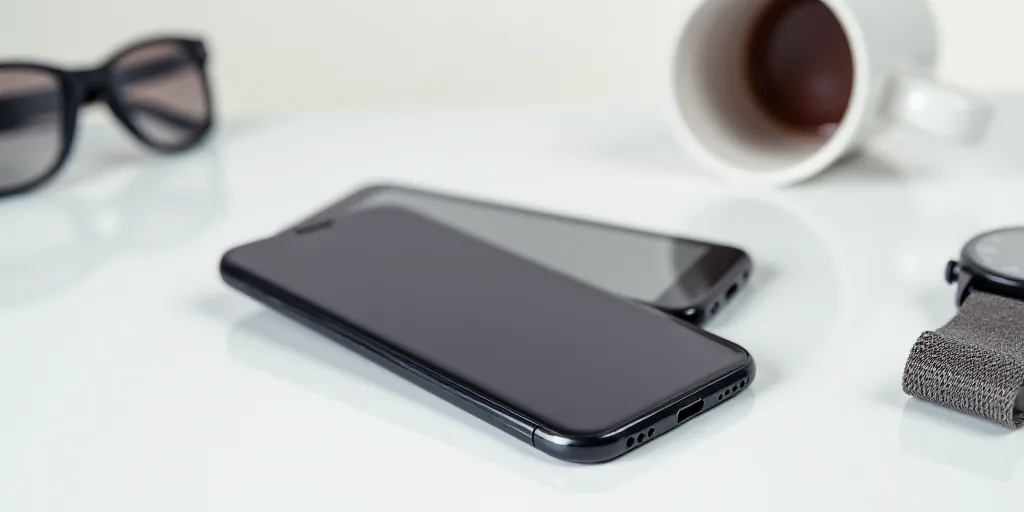 a couple of smart phones sitting next to each other on a white surface with a watch and a cup, Andri
