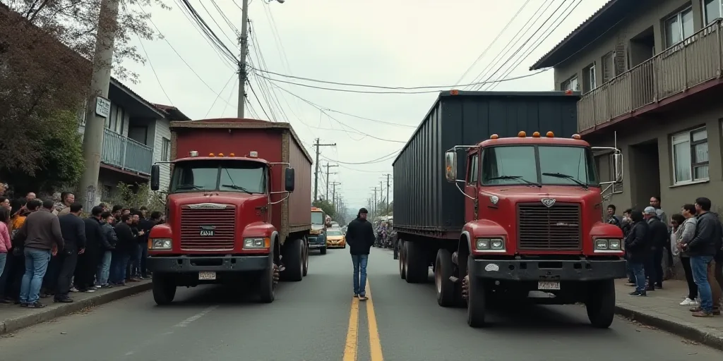 a couple of trucks that are next to each other on the street with people standing around them and a