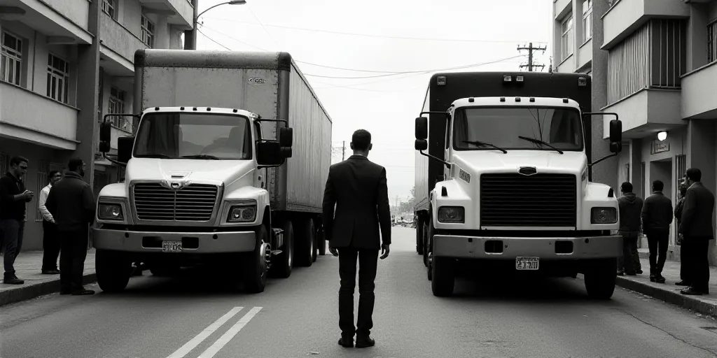 a couple of trucks that are next to each other on the street with people standing around them and a