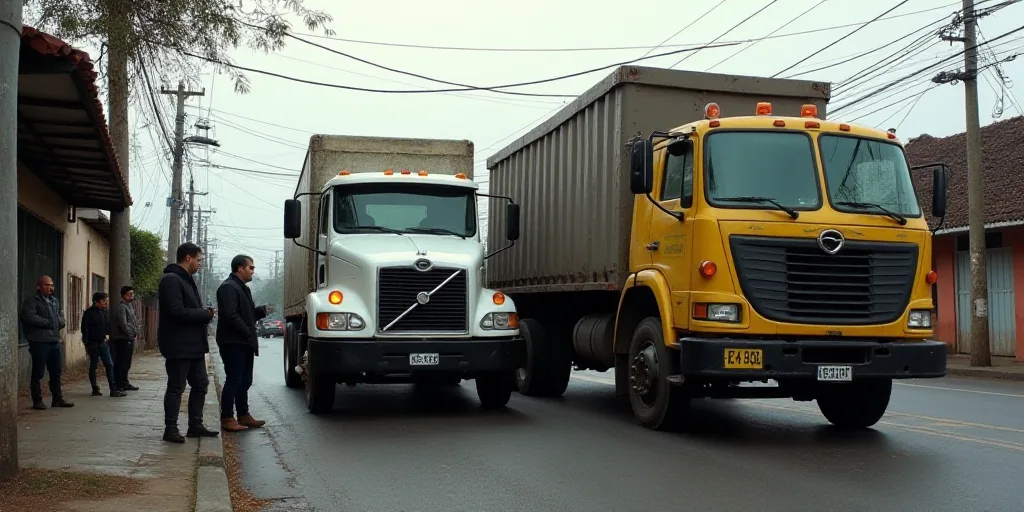 a couple of trucks that are next to each other on the street with people standing around them and a