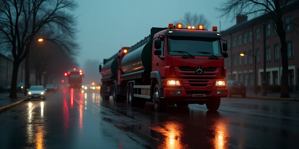 a couple of trucks that are sitting in the street together in the rain with a car nearby and a red l