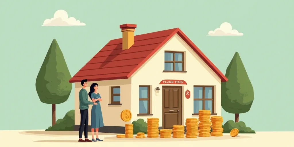 a couple standing in front of a house with a percentage sign in front of it and a stack of coins in