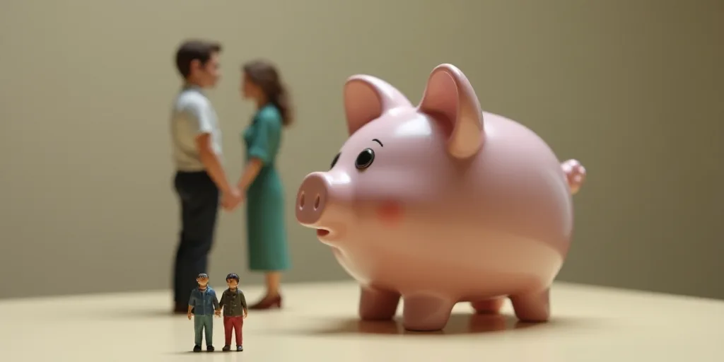 a couple standing next to a piggy bank on a table with a miniature figure of a man and woman, Clovis