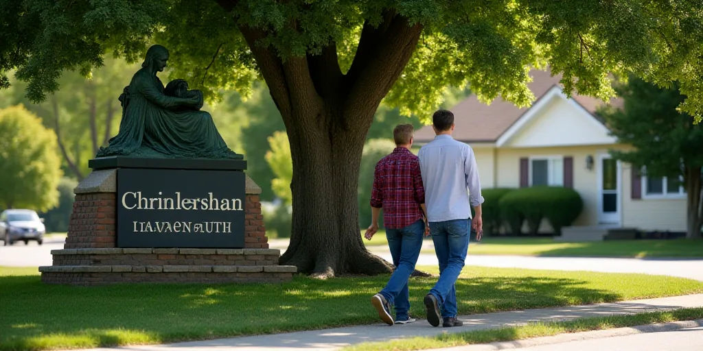 a couple walking past a church sign and a tree in front of it with a statue of a woman, Arlington Ne