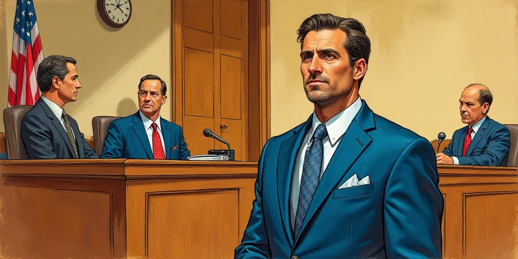 a courtroom drawing of a man in a blue suit and tie standing in front of a judge and two men in suit