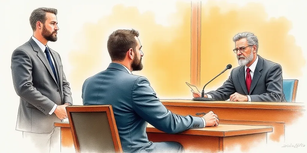 a courtroom drawing of a man sitting in front of a judge and two men standing behind him and a judge