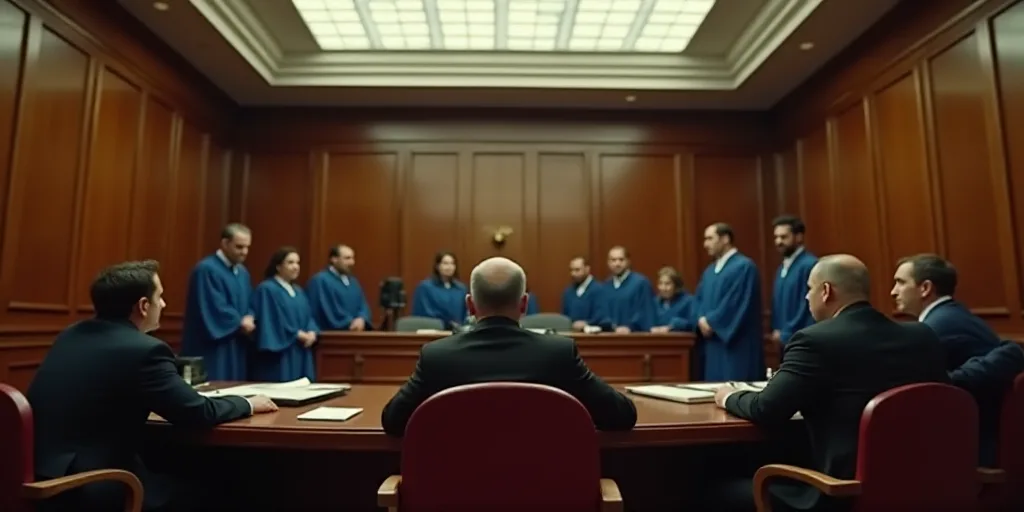 a courtroom with a judge and his staff in blue robes and a judge in a black suit and a judge in a re
