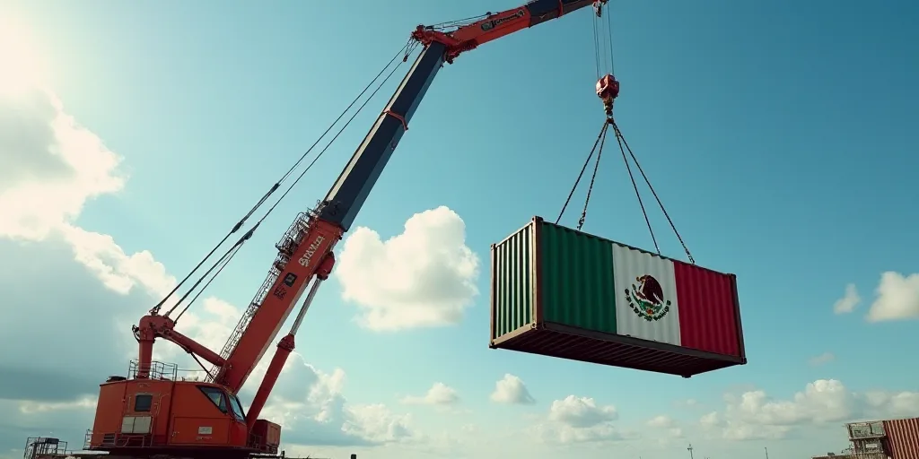 a crane is lifting a container with the flag of mexico on it to be lifted by a crane in the air, Aqu