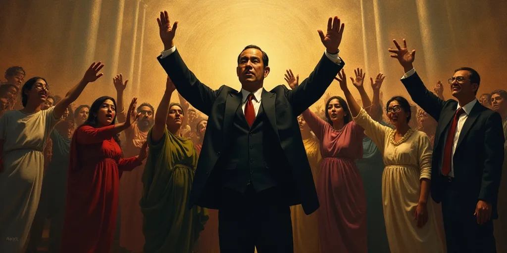 a crowd of people standing next to each other with their hands up in the air and a man in a suit, Ba