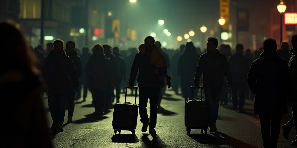a crowd of people walking down a street at night with luggage bags on wheels and a man carrying a ch