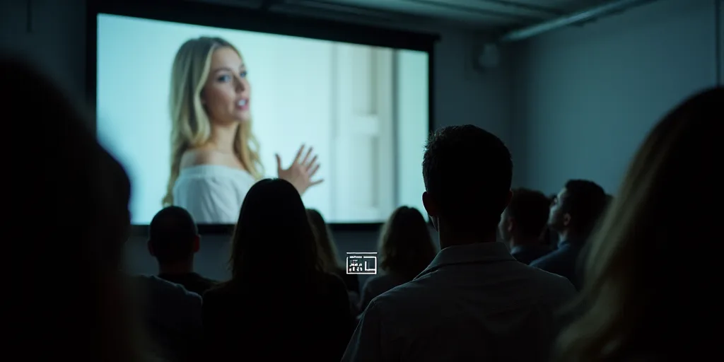 a crowd of people watching a presentation on a screen with a cell phone in front of them and a large