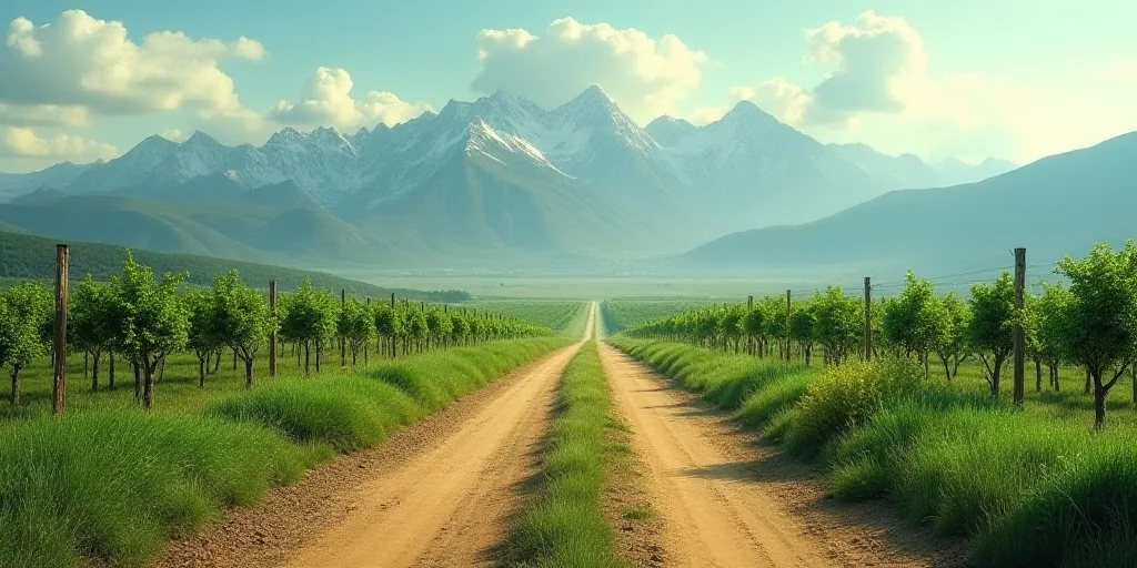 a dirt road in a green field with mountains in the background and a dirt road in the foreground, Ala
