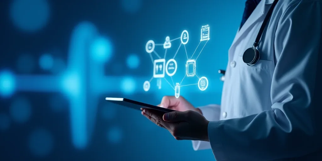 a doctor holding a tablet with medical icons in the background and a blue background with white line