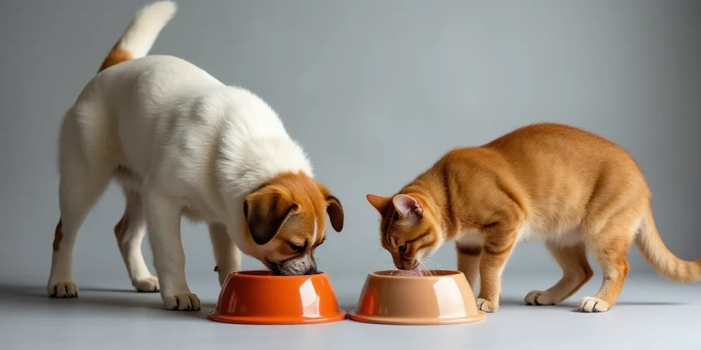 a dog and a cat eating out of their bowls together on a gray background with a grey background behin