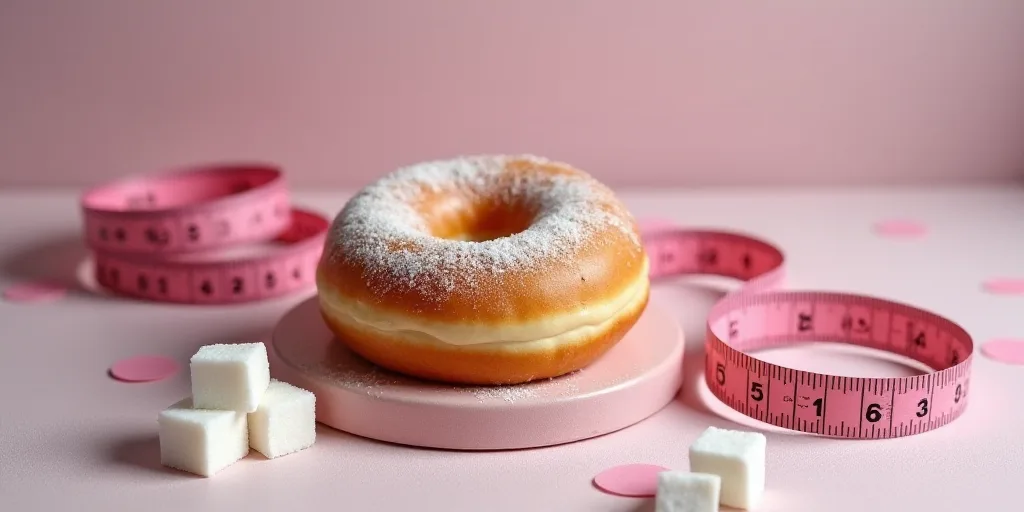 a donut and a measuring tape on a table with sugar cubes and ribbon on it and a measuring tape, Doro