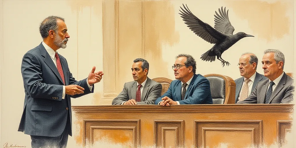 a drawing of a man in a courtroom looking at something in his hand and a bird flying overhead in the