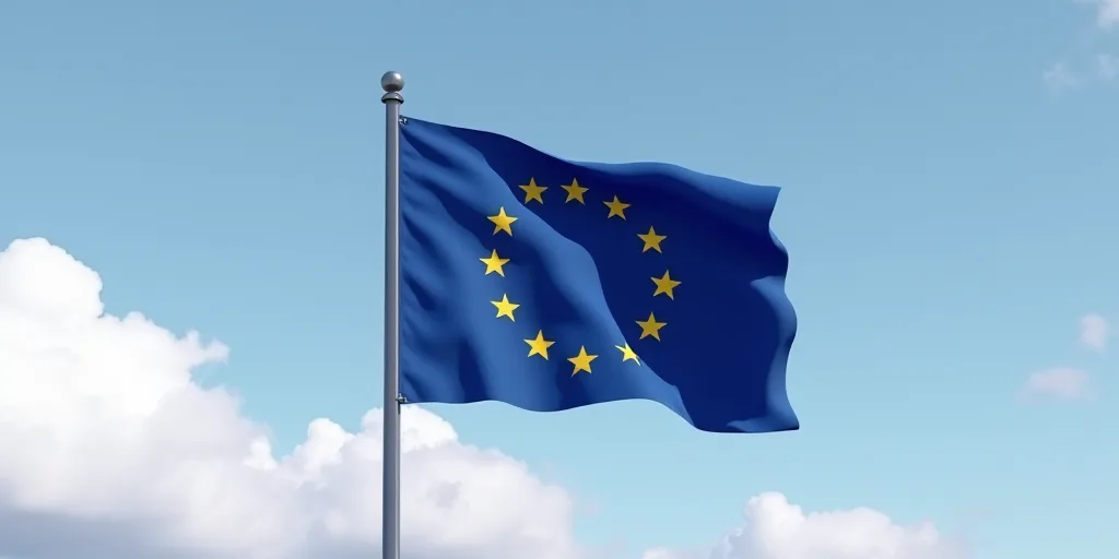 a european flag flying in the wind on a cloudy day with a blue sky in the background and a few yello