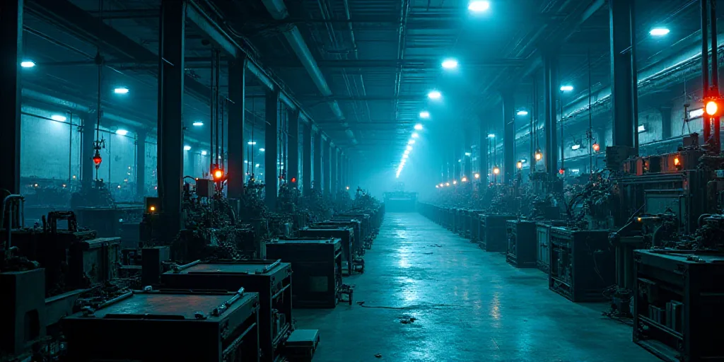 a factory with a lot of machinery and a lot of lights on it's side and a blue background, Constant P