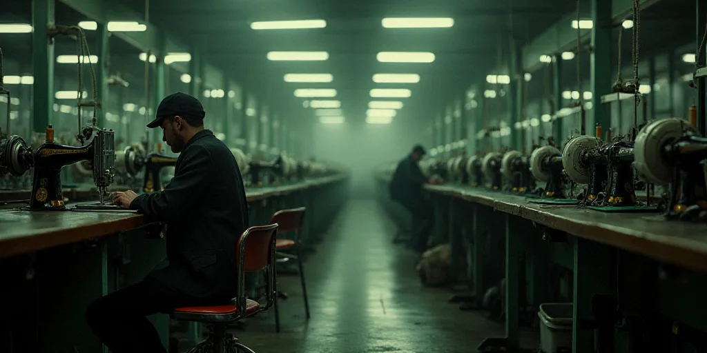 a factory with a lot of people working on sewing machines and chairs and a lot of people working on
