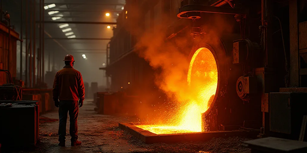 a factory with a lot of steel being poured in a furnace and a worker standing in the background look