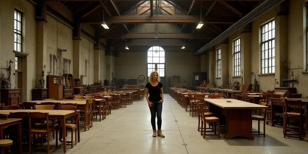a factory with a lot of wooden chairs and tables in it's center area and a woman standing in the cen