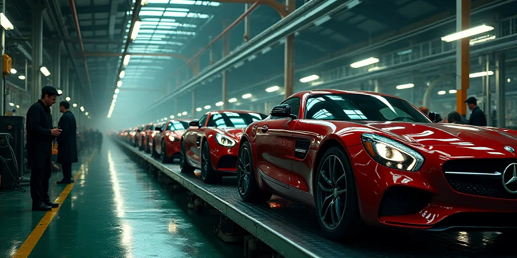 a factory with cars on assembly line and workers working on the assembly line and assembly line in t