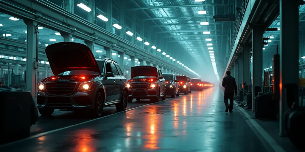 a factory with cars on assembly line and workers working on the assembly line and trucks on the asse