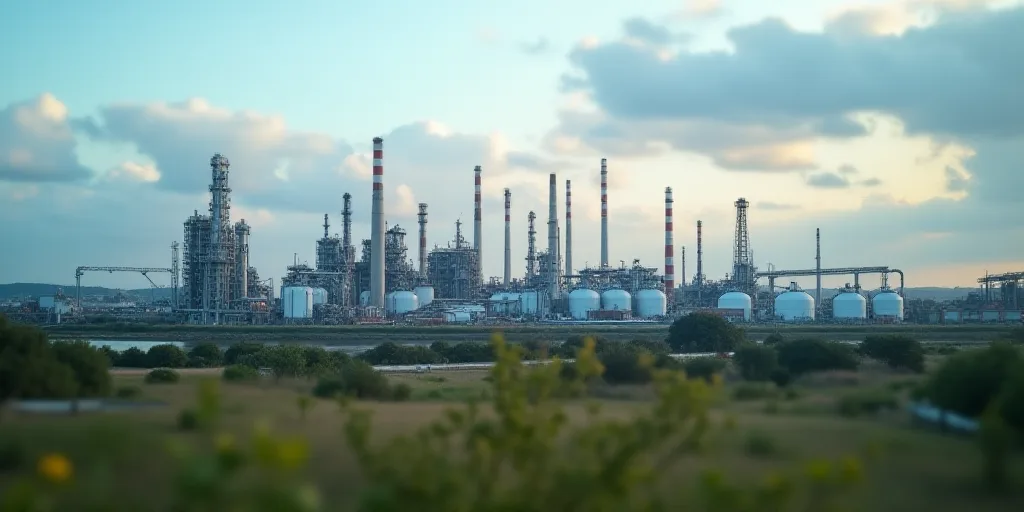 a factory with several large tanks in the foreground and a factory in the background with a sky back