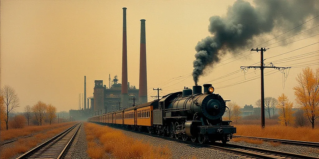 a factory with smoke stacks and power lines in the background and a train on the tracks in the foreg
