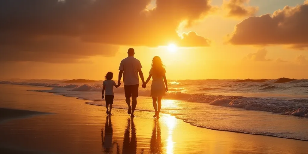 a family walking on the beach at sunset with the sun shining through the clouds above them and the w