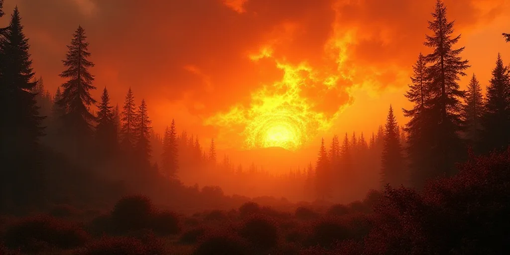 a fire blazing in the sky over a forest filled with trees and bushes, with a bright orange sky, Dahl