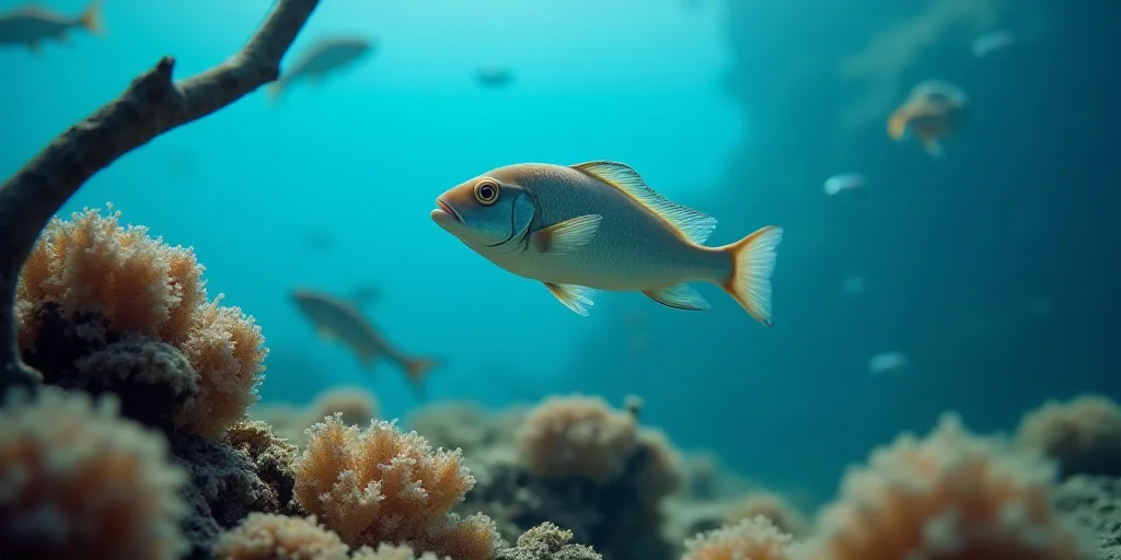 a fish swimming over a coral reef with a tree branch in the foreground and other fish swimming aroun