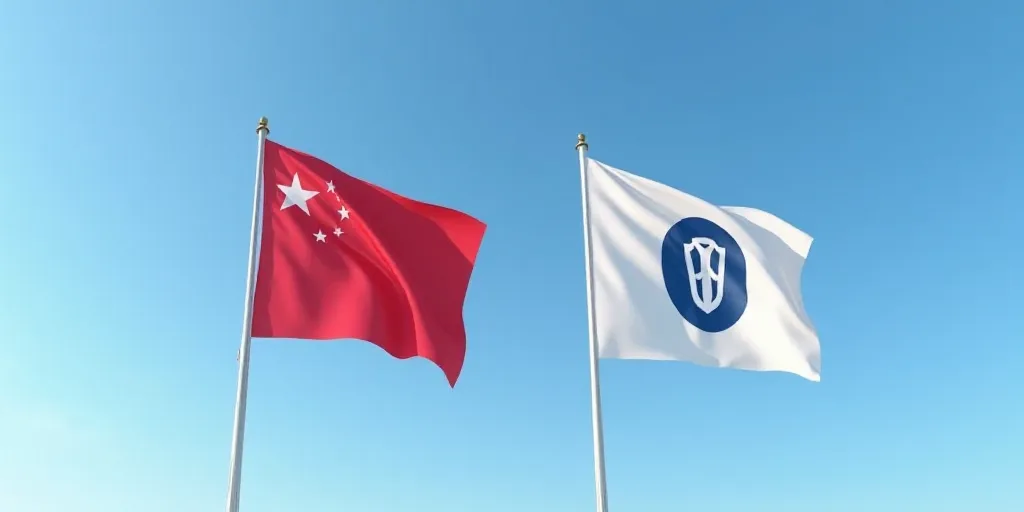 a flag and a computer logo flying side by side in the air with a blue sky in the background, Dahlov