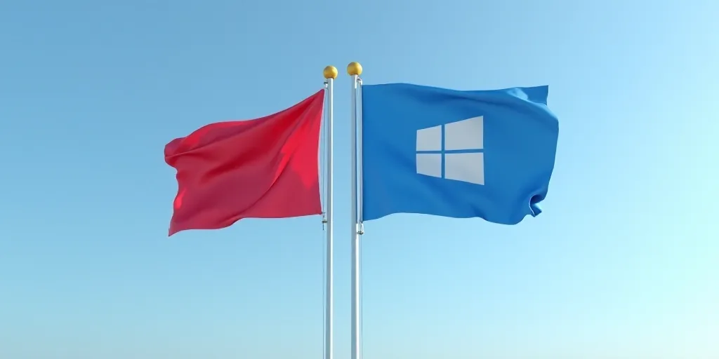 a flag and a computer logo flying side by side in the air with a blue sky in the background, Dahlov