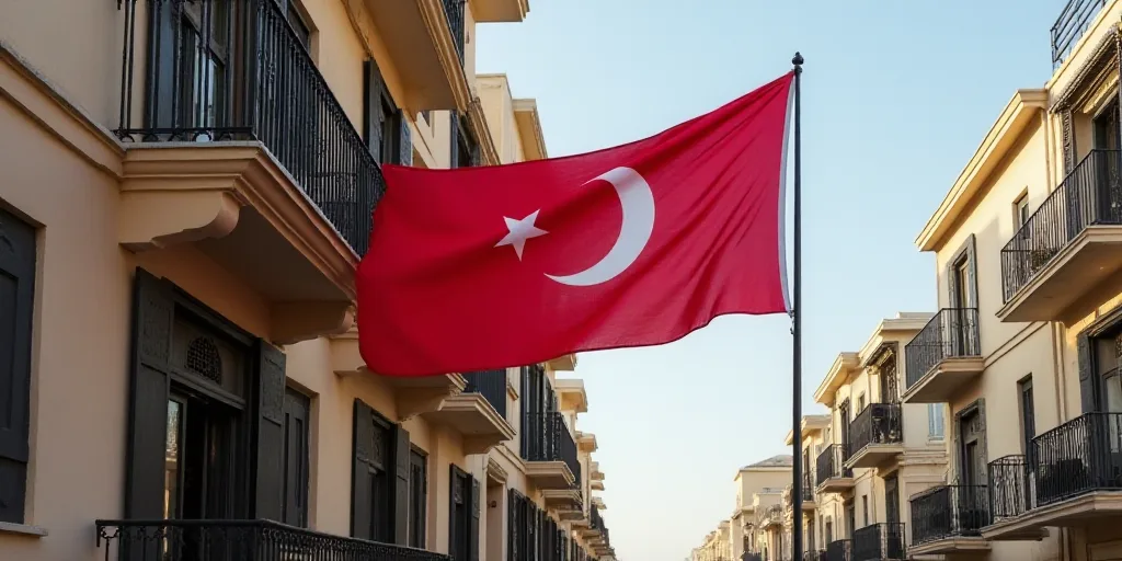 a flag flying in front of a building with a balcony and balconies on the second floor of the buildin