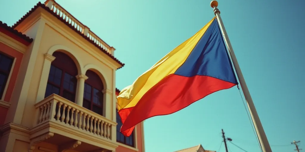a flag flying in front of a building with a balcony and balconies on the top of it, Fernando Amorsol