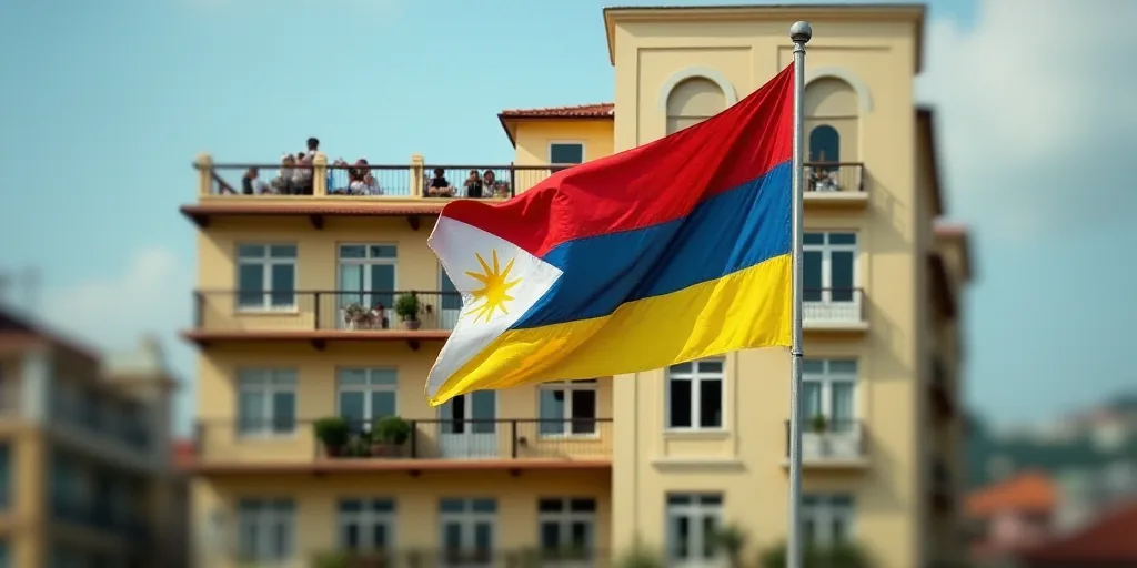 a flag flying in front of a building with a balcony and balconies on the top of it, Fernando Amorsol